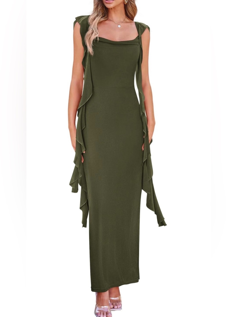 Olive Green Ruffle Side Maxi Dress